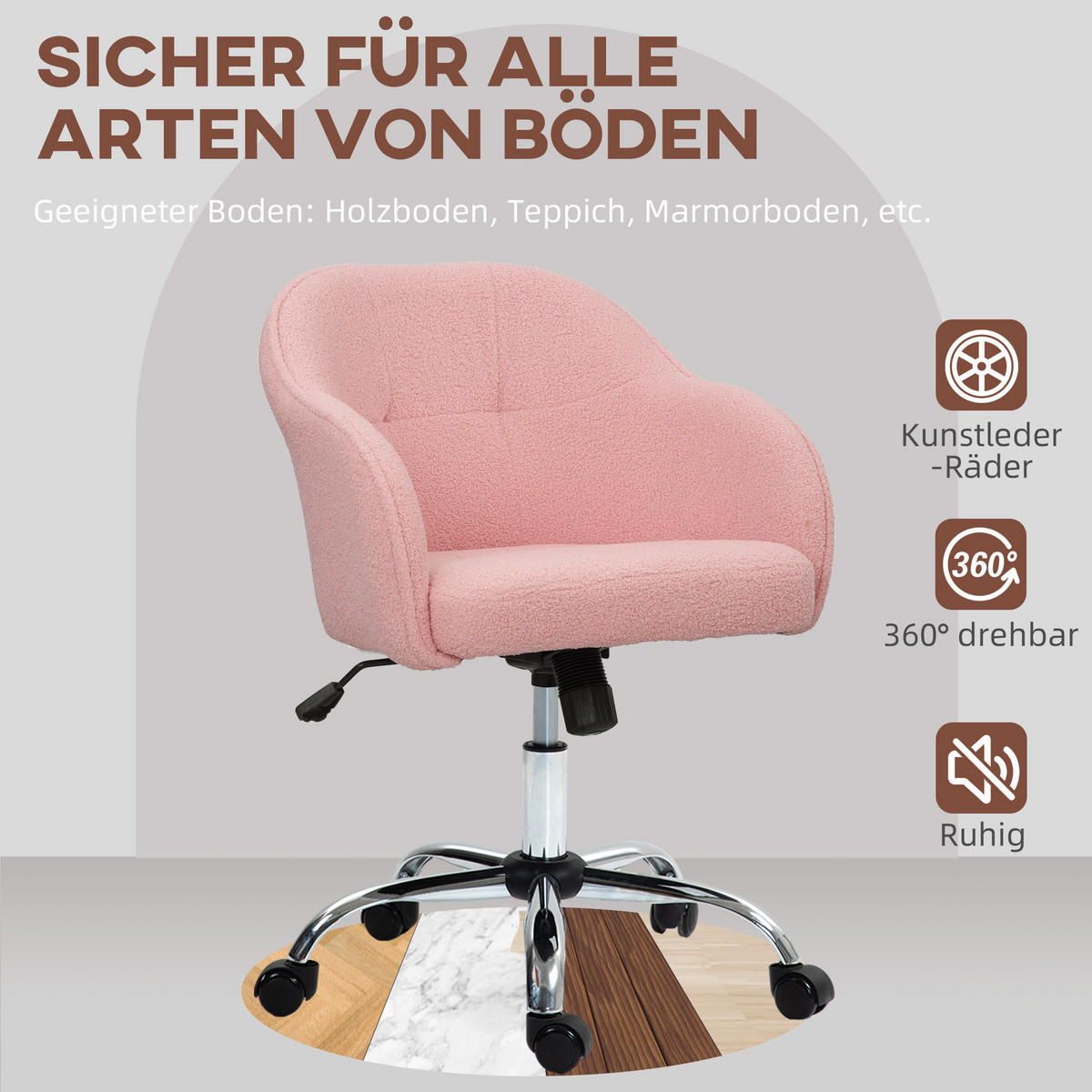 BÜROSTUHL DE-05176 Wippfunktion mit Teddysamtoptik Rosa - Rosa, Metall (61/86/56cm) - ComfortXL