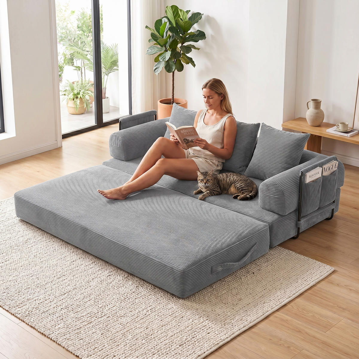 SCHLAFSOFA, Modulares Tagesbett mit Metallgestell, Klappbares Bodensofa Cordstoff, Hellgrau - Hellgrau, Textil (94/67/200cm) - LVHOM
