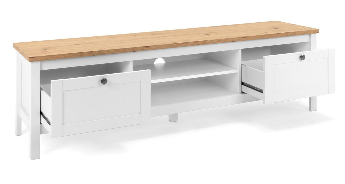 TV-LOWBOARD weiß, Eiche Artisan 160 cm Landhaus, TV-Unterteil mit 2 Schubkästen - Silberfarben/Weiß, Holzwerkstoff/Kunststoff (160/45/40cm) - Furn.Design
