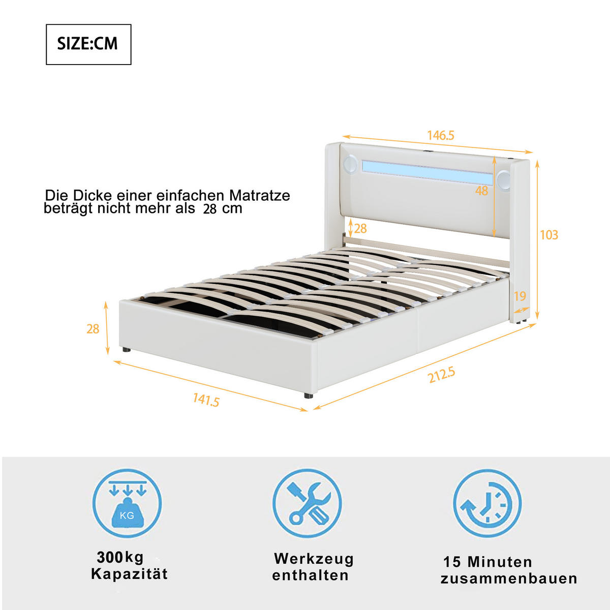 POLSTERBETT 140/200 cm Weiß mit LED-Beleuchtung und Bluetooth-Player - Weiß, Kunststoff (140/200cm) - OKWISH
