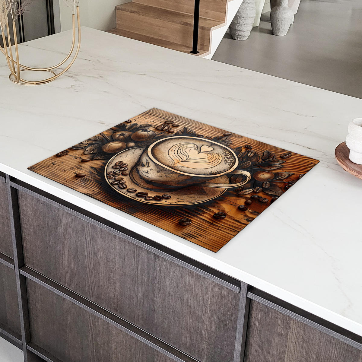 HERDABDECKPLATTE Kaffee - Vintage - Braun - Tasse - Holz Induktionsmatte 77x59 cm - Cappuccino, Kunststoff (77/59/0.2cm) - MuchoWow