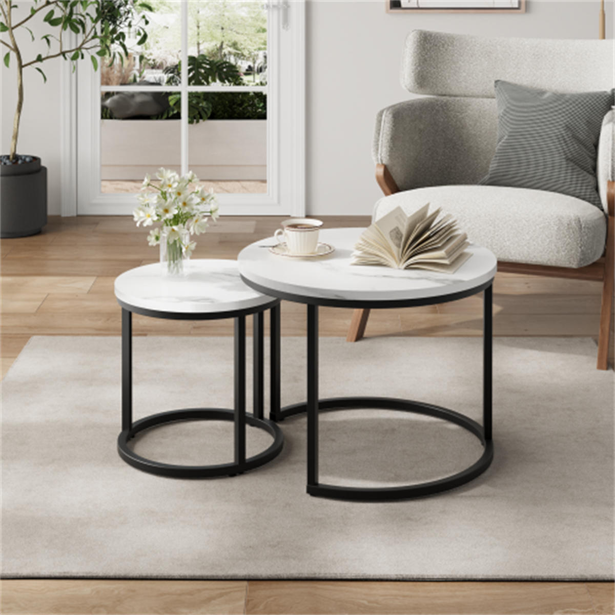COUCHTISCH-SET 2-teilig rund, weiß mit Metallrahmen, 60x60x45 cm - Weiß, Holzwerkstoff (60/60/45cm) - Blomus