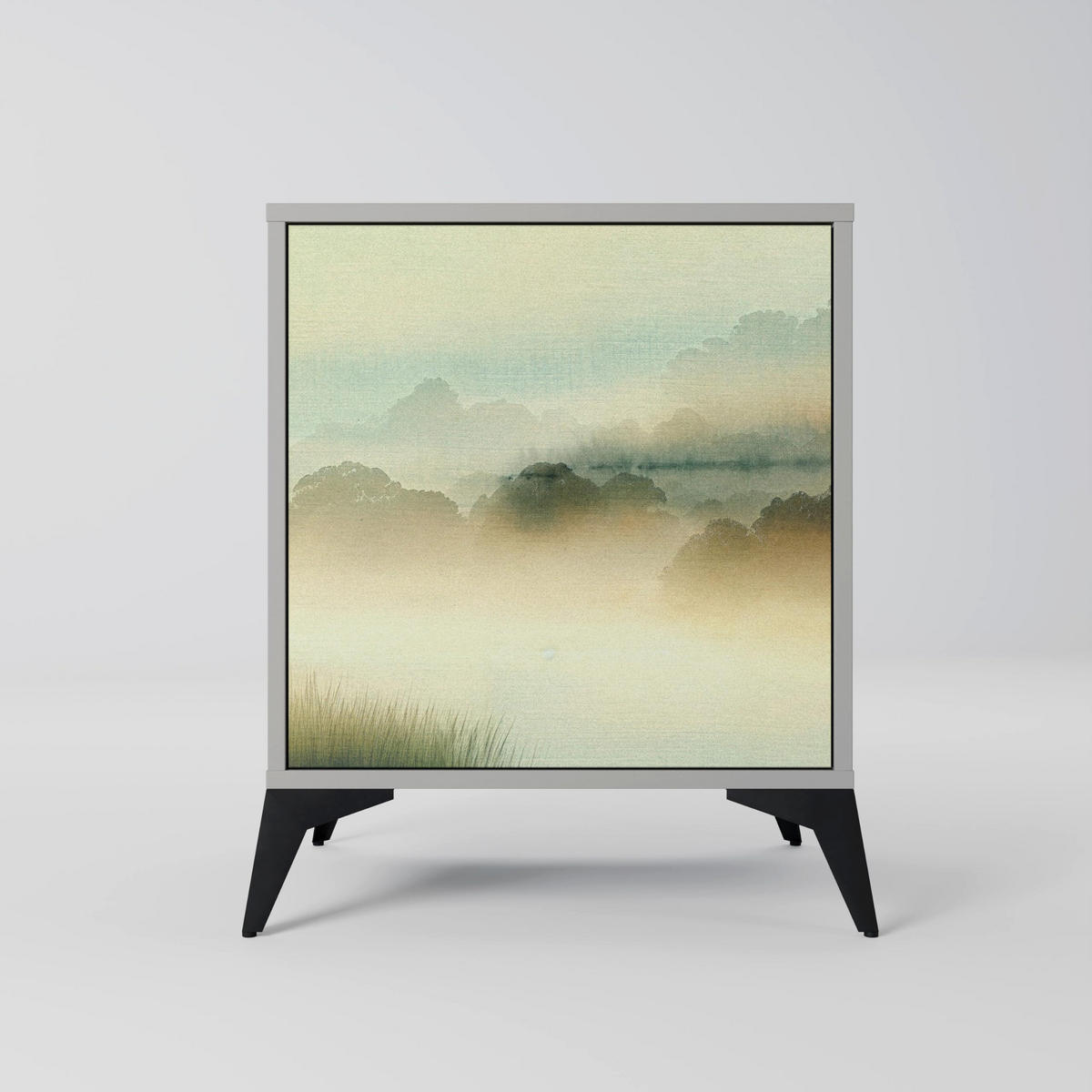 SIDEBOARD MORNING BY THE LAKE, Grau, 57,5x42x75,5 cm, Goldfarbene Metallfüße - Goldfarben/Multicolor, Holzwerkstoff/Metall (57.5/75.5/42cm) - SpaceRebels
