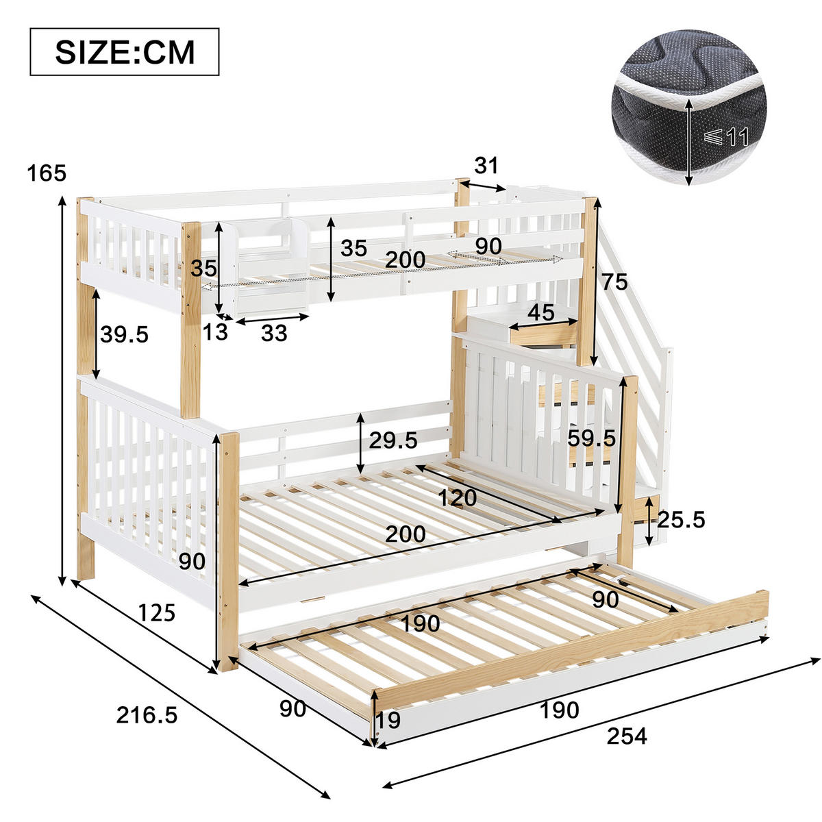 ETAGENBETT 90/200 cm weiß aus Kiefer mit Rollbett und Stauraumtreppe - Weiß, Holz (90/200cm) - OKWISH
