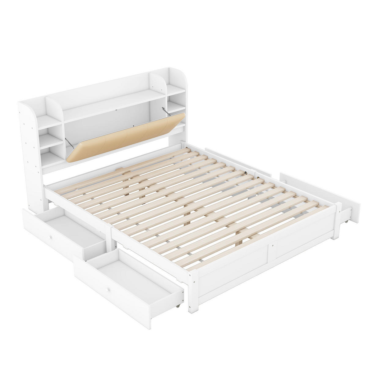 BETT 180/200 cm mit aufklappbarem Kopfteil, 4 Schubladen und Stauraum aus Kiefern, Weiß - Weiß, Holzwerkstoff (180/200cm) - Redom