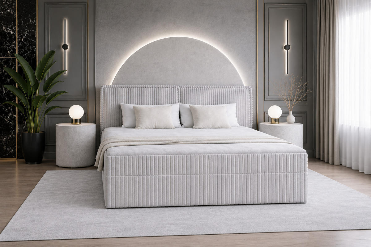 BOXBETT 04 180 x 200 cm - Ambience – Modernes Polsterbett mit Bettkasten, Topper und gepolstertem Kopfteil, Stoffbezug, Stauraumbett - Hellgrau, Holz (180/200cm) - ROYAL24_MARKT