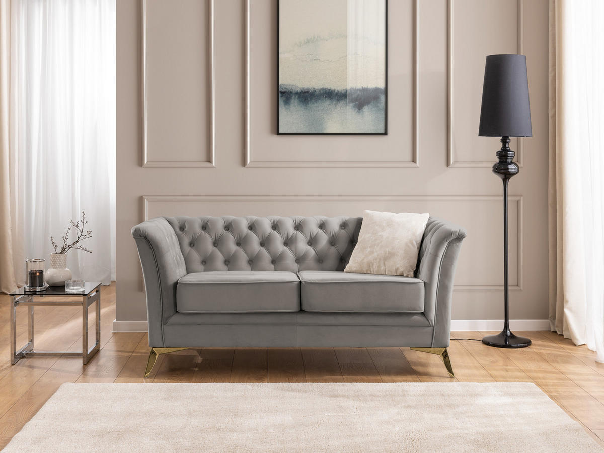 SITZGARNITUR 3+2 Chesterfield Whitby Grau Samt mit goldenen Füßen - Goldfarben/Grau, Holz/Textil (237/78/82cm) - S-Style Möbel