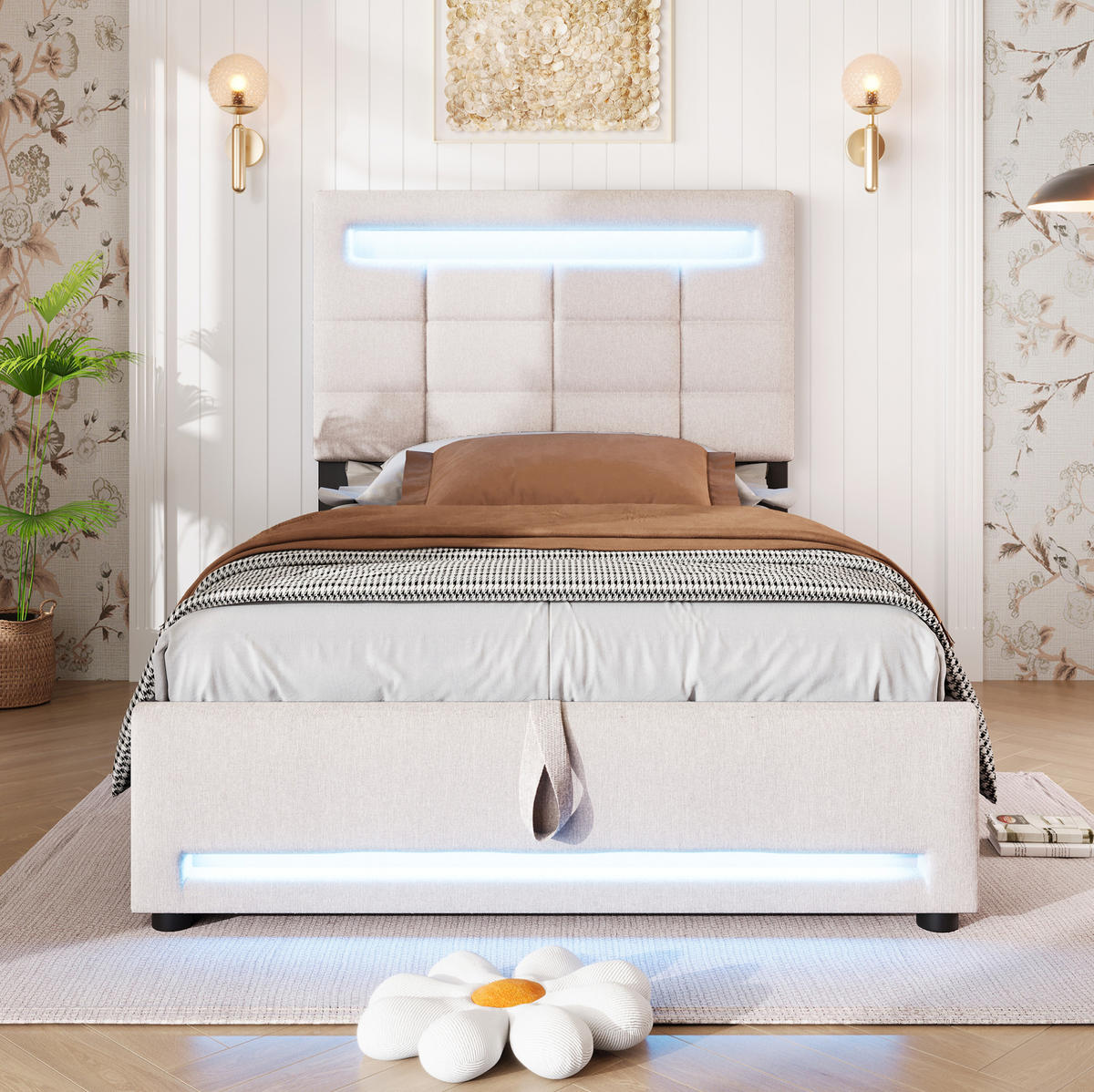 POLSTERBETT 90/200 cm Beige mit LED-Beleuchtung und hydraulischer Lagerung - Beige, Textil (90/200cm) - OKWISH