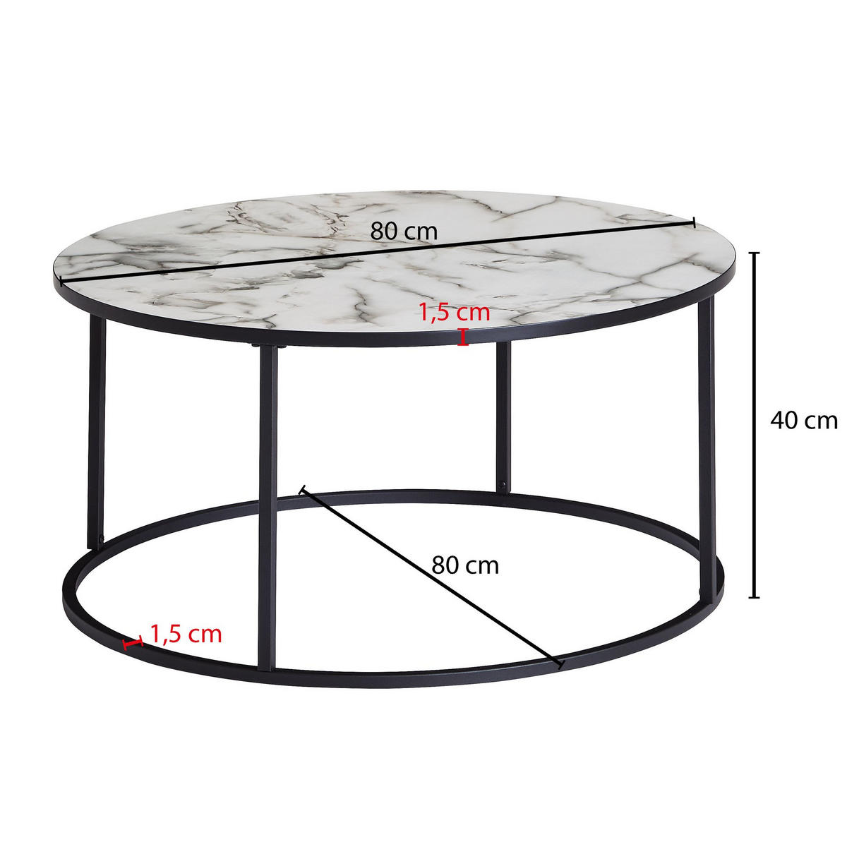 COUCHTISCH rund, Marmor-Optik, modernes Design mit 80 cm Durchmesser - Schwarz/Weiß, Holz/Metall (80/80/40cm) - KADIMA DESIGN