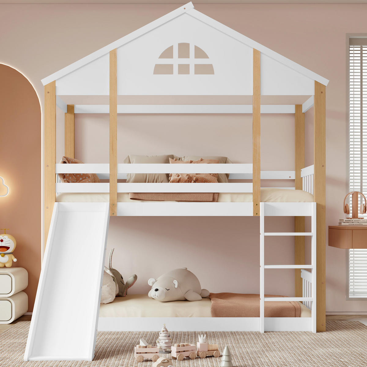 ETAGENBETT 90/200 cm weiß und natur aus Massivholz mit Rutsche und Winkeltreppe - Weiß, Holz (90/200cm) - OKWISH
