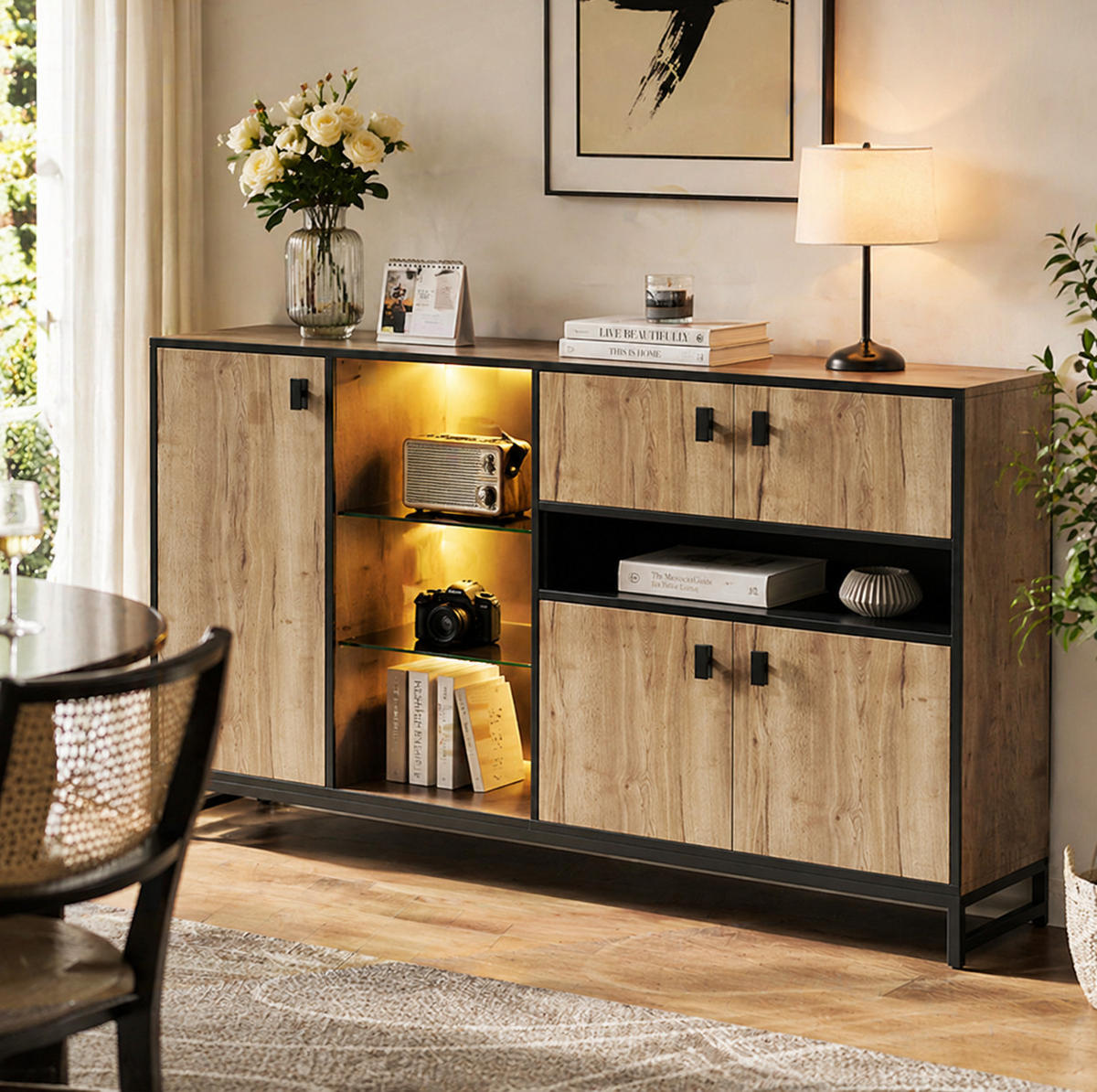 SIDEBOARD in Naturfarbe Anrichte mit Doppeltüren und Glasböden für Wohnzimmer, Esszimmer und Büro, B160/T40/H84.5 cm - Schwarz/Naturfarben, Glas/Holzwerkstoff (160/84.5/40cm) - STILVORA