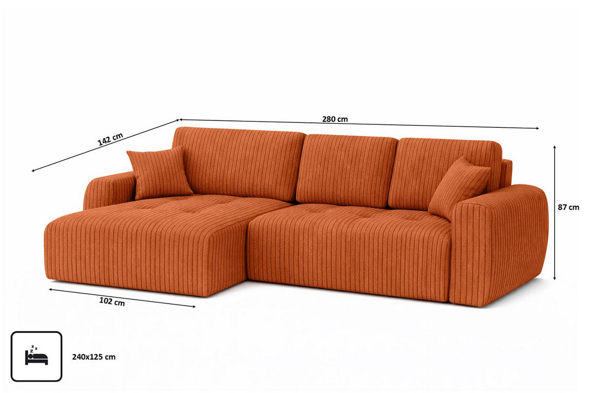 ECKSOFA Mit Schlaffunktion Und Bettkasten L-Form Ivo XL, Cordstoff Poso, Kupfer, Links - Orange, Holz (280/142cm) - Kaiser Möbel
