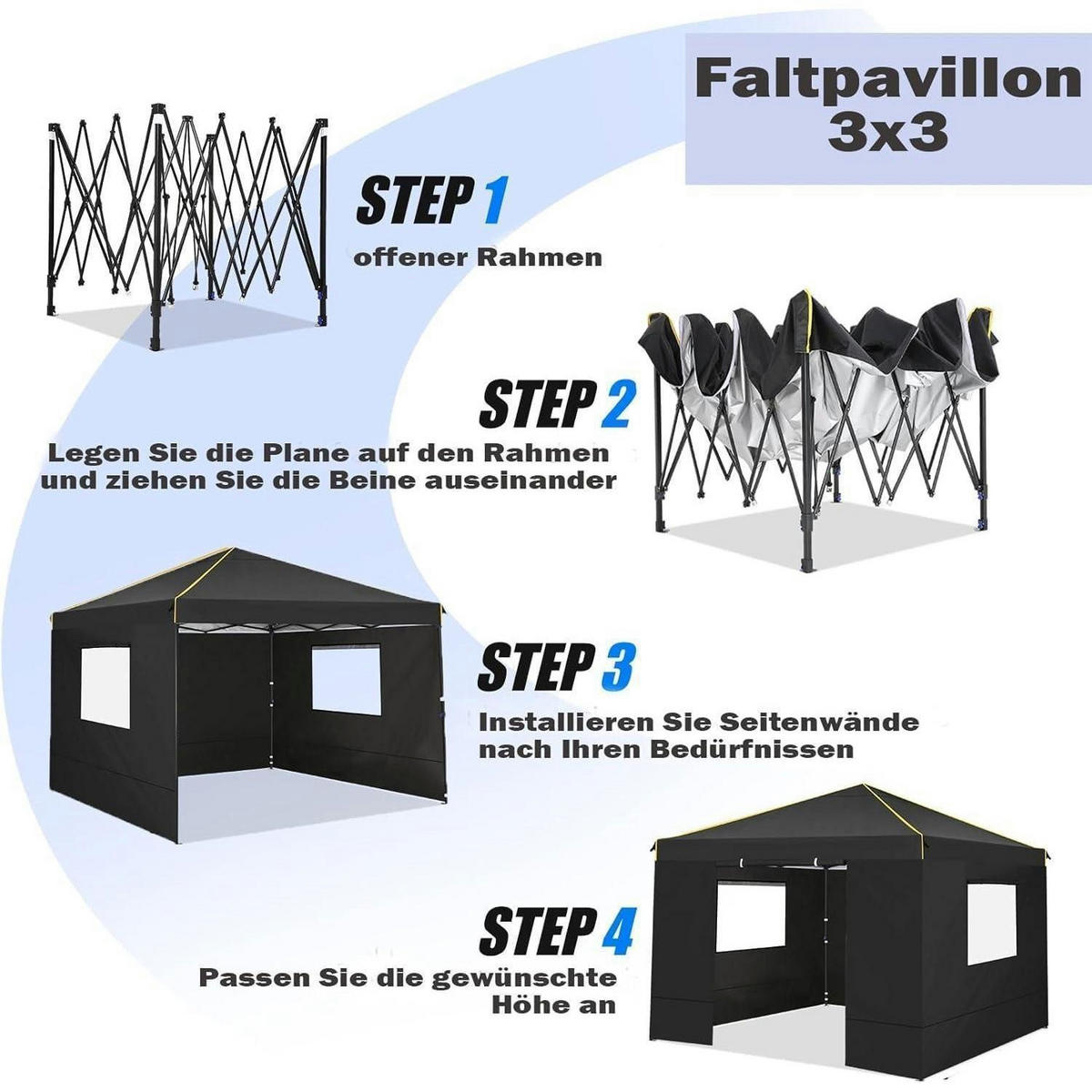 FALTPAVILLON 3x3 m mit 4 Seitenteilen Schwarz - Schwarz, Metall (300/320/300cm)