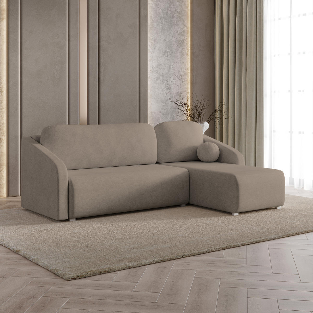 ECKSOFA MARELLO Braun Geflochtener Stoff mit Schlaffunktion - Braun, Holz (220/143cm) - MASSENO