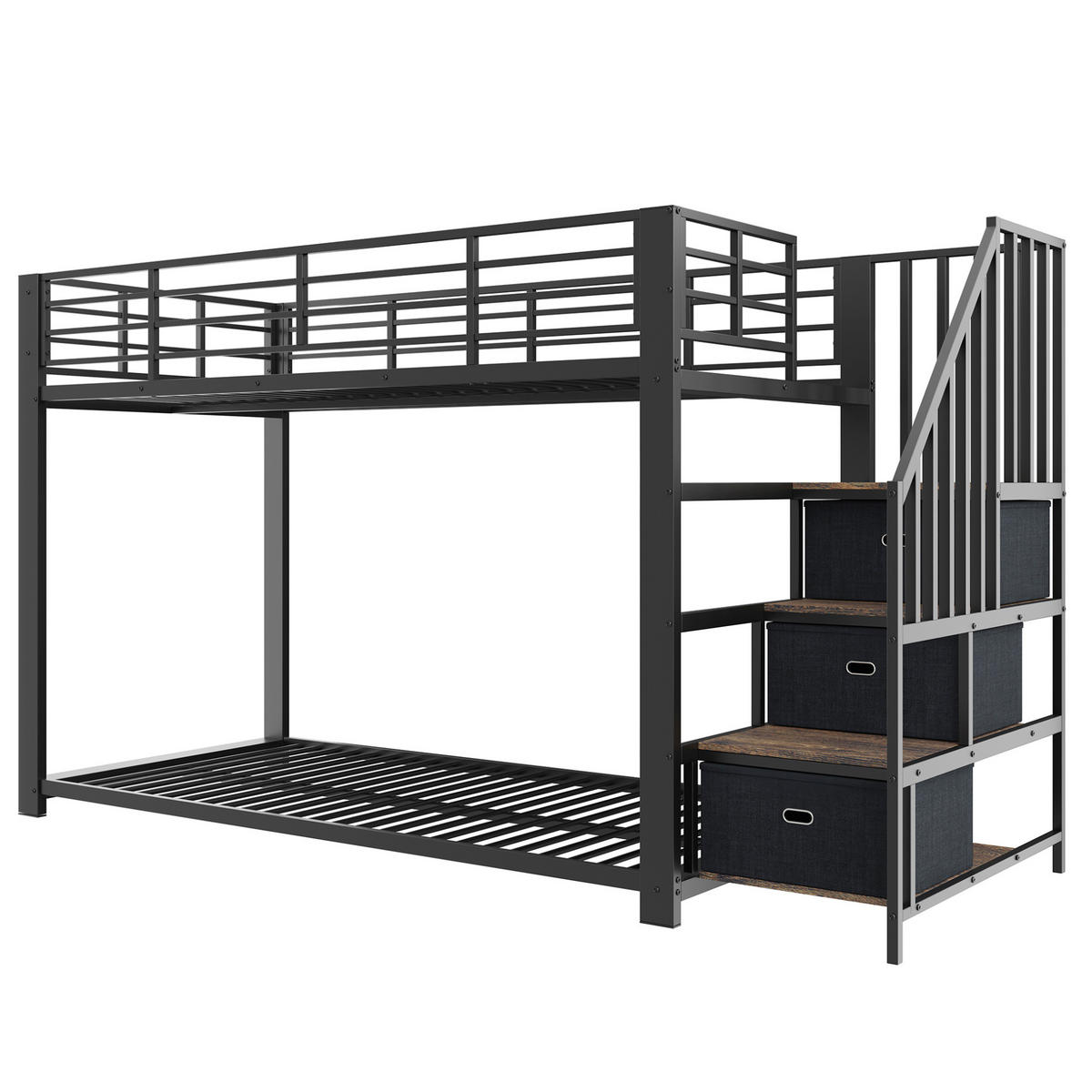 ETAGENBETT aus MDF und Metall 90x200 cm Schwarz mit Stauraumtreppe, LED-Lichtband und USB-Anschlüssen - Schwarz, Holzwerkstoff (90/200cm) - Modfu
