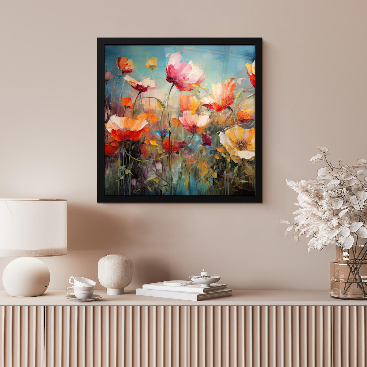 POSTER MIT RAHMENGERAHMTES BILD Blumen - Aquarell - Kunst - Botanisch - Natur 40x40 cm - Orange, Papier (40/40cm) - MuchoWow