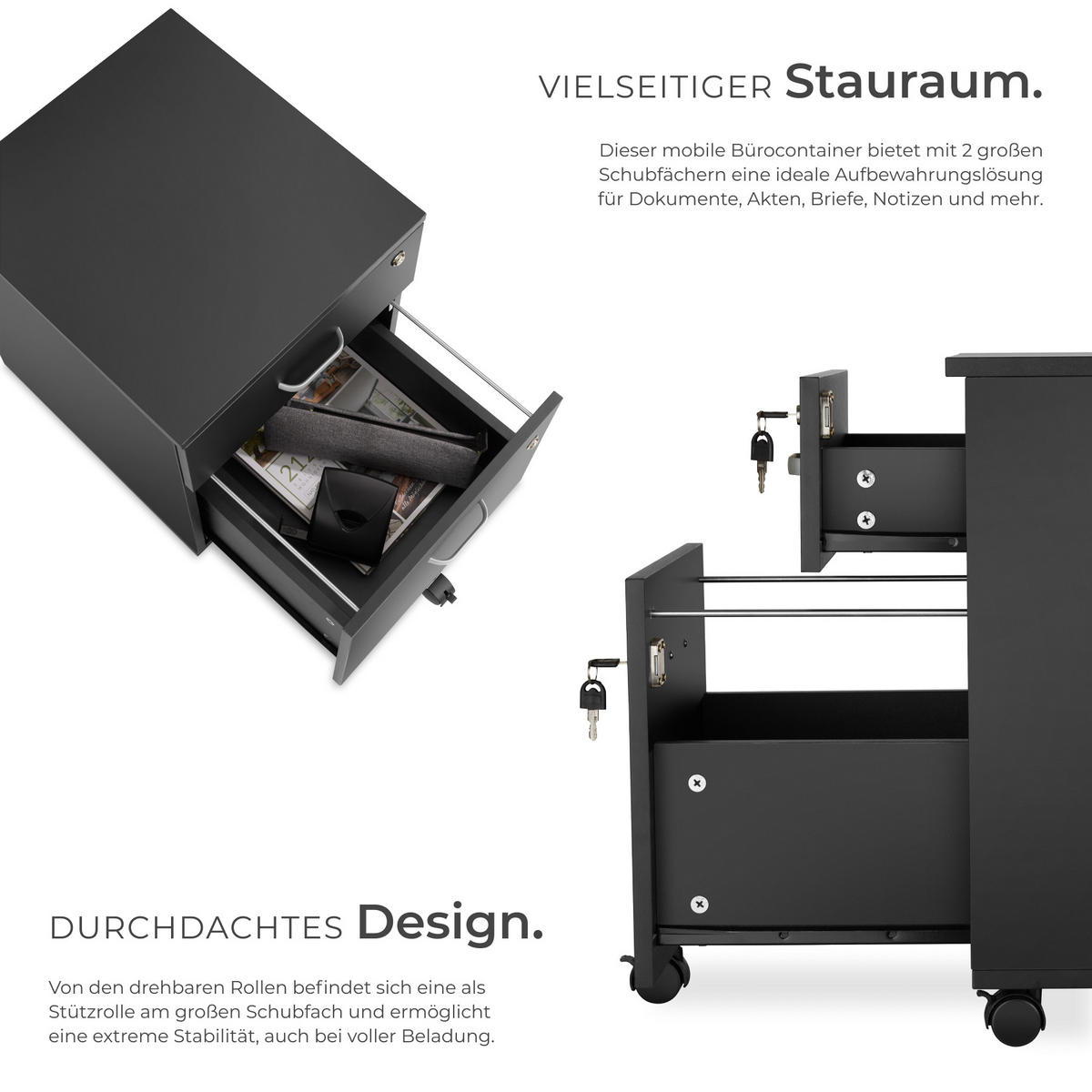 ROLLCONTAINER Vagur,40 x 44 x 54,5 cm,schwarz - Schwarz, Holzwerkstoff (40/54.5/46cm) - tectake