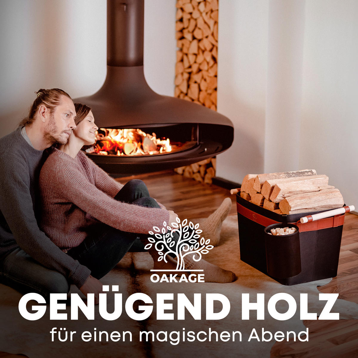 KAMINHOLZKORB LuxeLeather Duo 2er-Set veganes Leder mit ausreißsicheren Holzgriffen 50/40/35 cm - Schwarz, Kunststoff (40/35/50cm) - OAKAGE