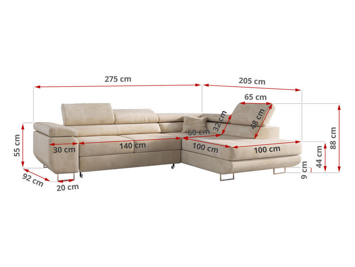 ECKSOFA GUSTAW L Beige Velvet Links Seite - Beige/Silberfarben, Textil/Metall (205/275cm) - MKS