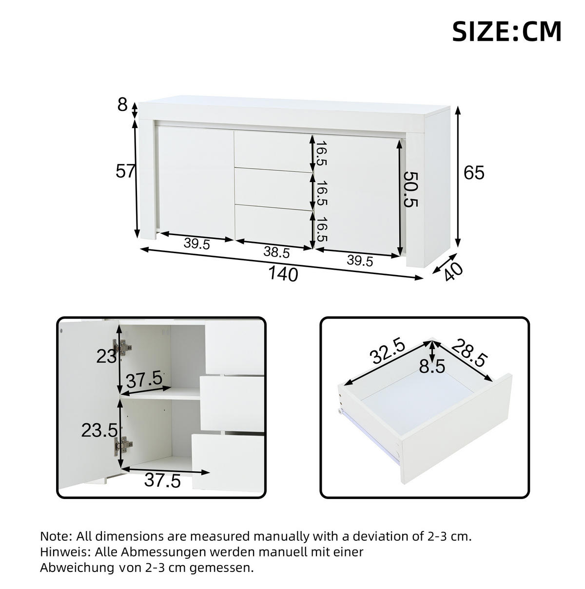 SIDEBOARD aus MDF 140x40x65 cm Weiß mit LED-Beleuchtung, 2 Türen, 3 Schubladen und Hochglanzfront - Weiß, Holzwerkstoff (140/65/40cm) - Modfu