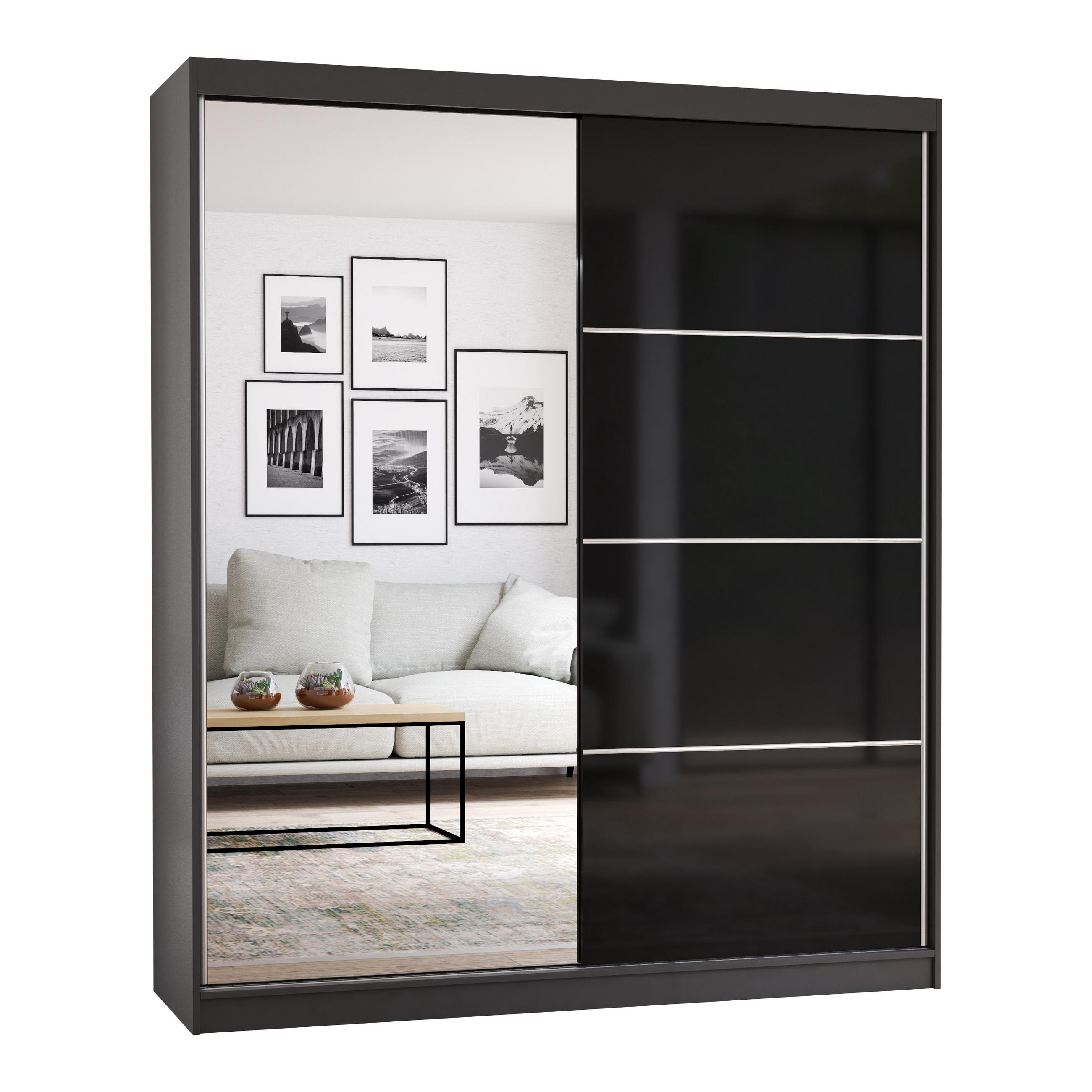 SCHWEBETÜRENSCHRANK Multi 31 Grau/Schwarz + Spiegel 183 cm - Schwarz/Alufarben, Glas/Holzwerkstoff (183/218/61cm) - imoebel24