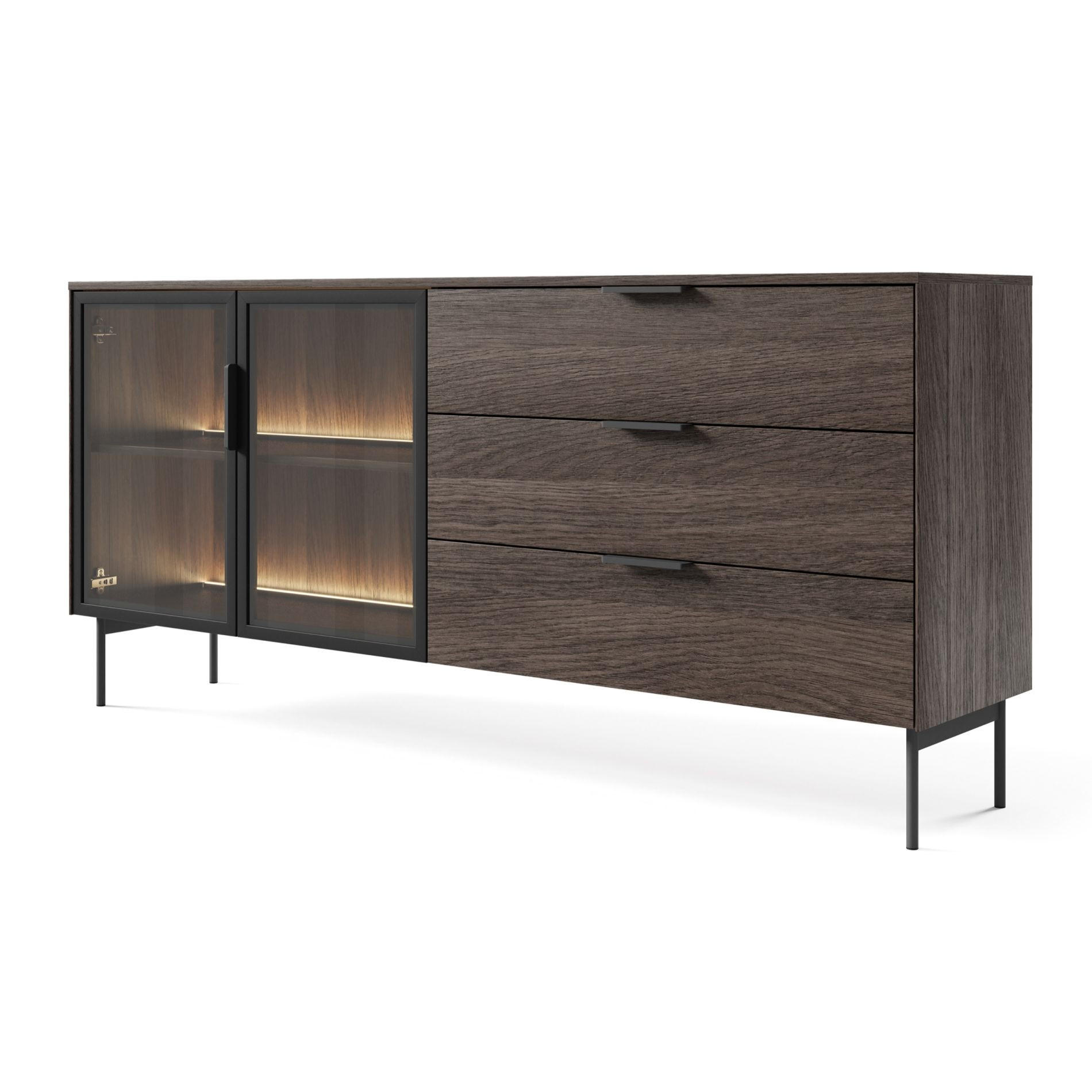 SIDEBOARD Lumi 2-türig mit Glasfronten Eiche Dunin 181 cm - Dunkelbraun/Schwarz, Holzwerkstoff/Metall (181.3/82.6/39.3cm) - Selsey