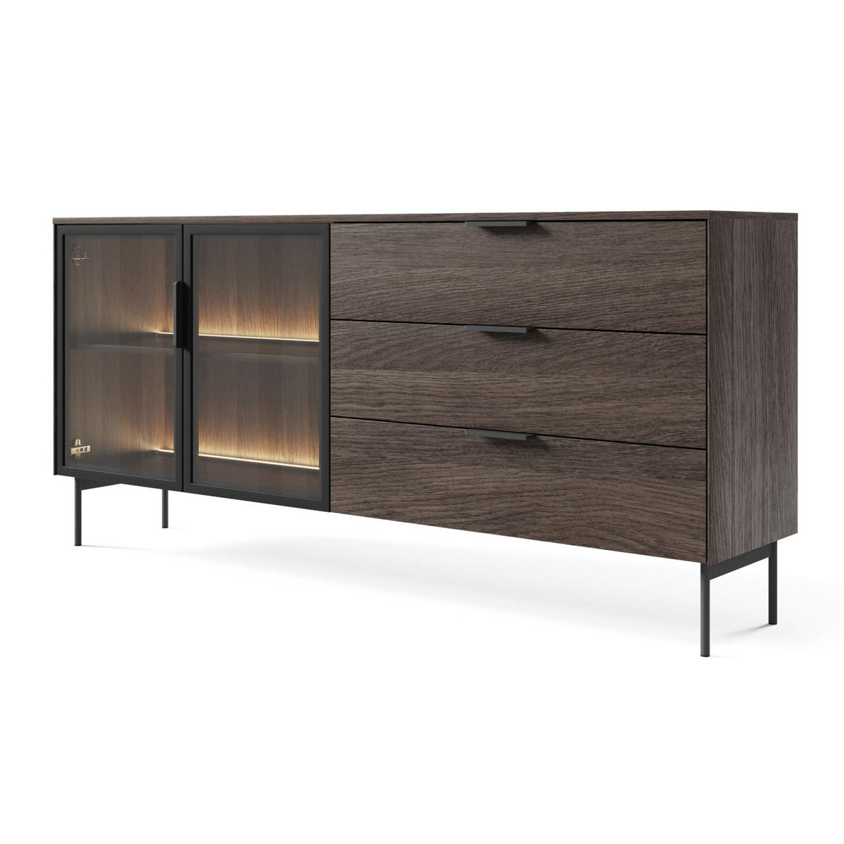 SIDEBOARD Lumi 2-türig mit Glasfronten Eiche Dunin 181 cm - Dunkelbraun/Schwarz, Holzwerkstoff/Metall (181.3/82.6/39.3cm) - Selsey