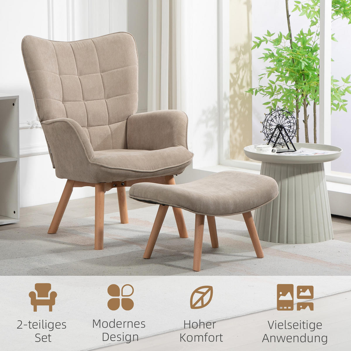 OHRENSESSEL 72/80/101 cm mit hoher Rückenlehne und Hocker in Khaki - Beige, Textil (72/101/80cm) - BEAOK