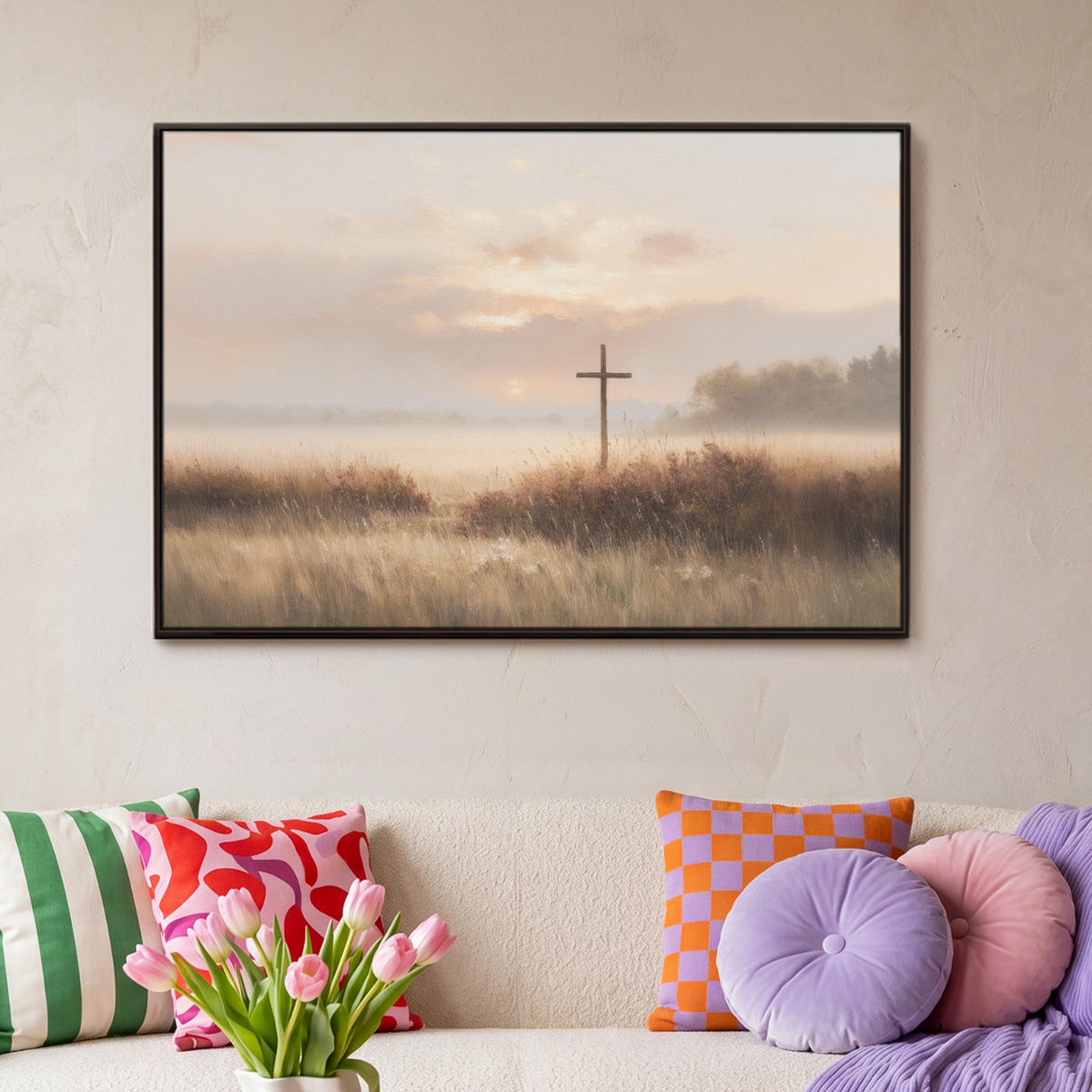 LEINWAND Bilder mit Rahmen - Gras - Morgennebel - Kreuz - Christentum - 90x60 - Beige, Textil (90/60cm) - MuchoWow