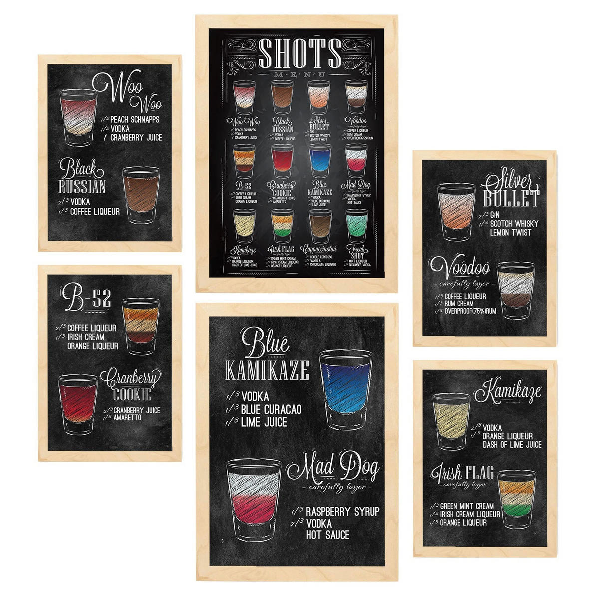 POSTER Set Mit 6 Schüsse Vollfarbige Illustrationen Von Kaffee & Getränken Im Werbetafel Illustrationen Für & Heim A3 & A4 Rahmen Aus Hellem Holz - Beige, Papier (29/3cm) - Nacnic