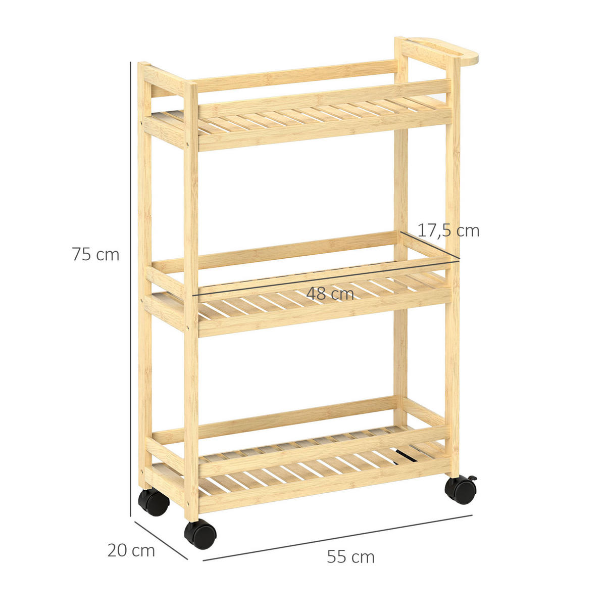 SERVIERWAGEN mit 3 Ebenen aus Bambus, mit Rollen und Haltegriff, 55/20/75 cm - Hellbraun, Naturmaterialen (55/75/20cm) - BEAOK