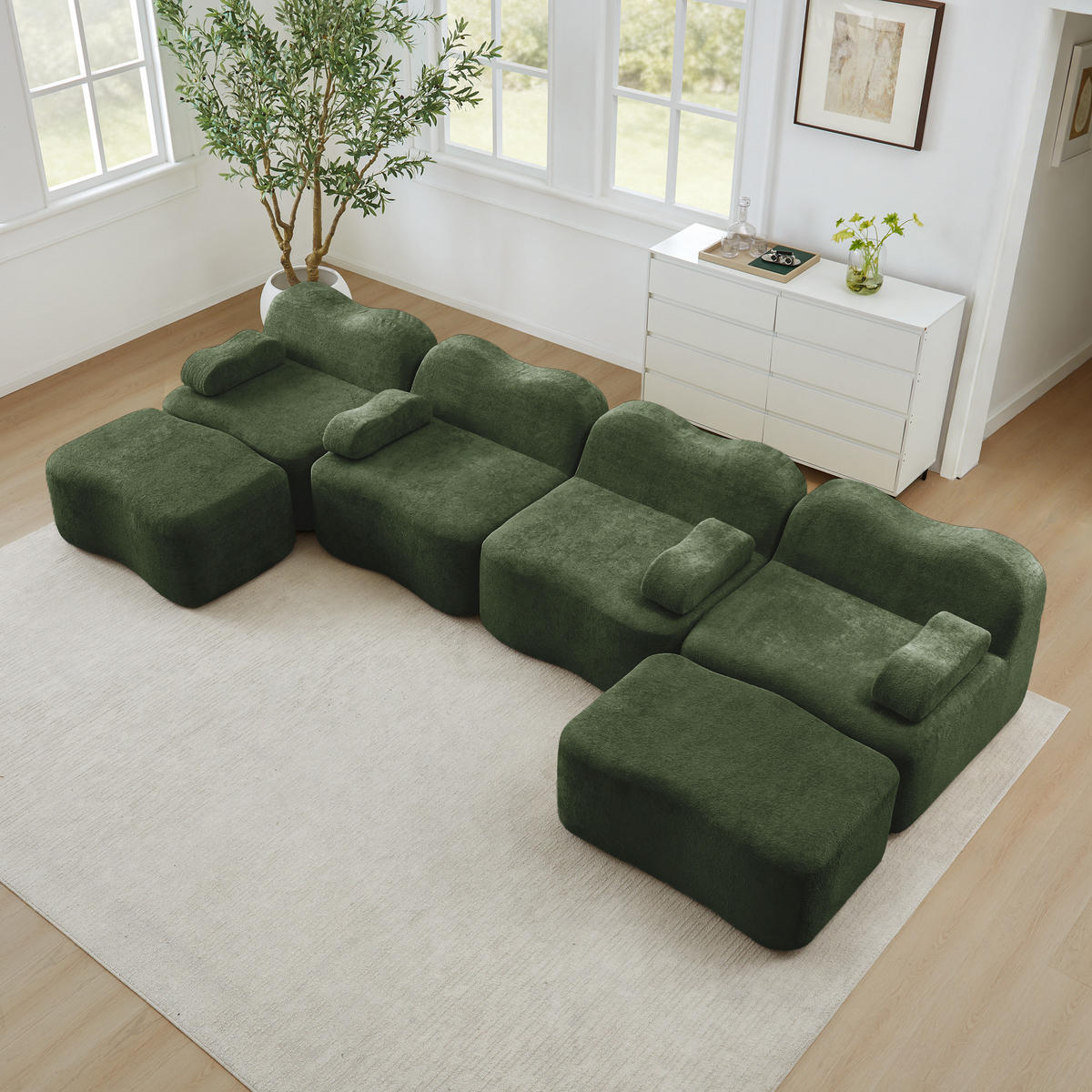 WOHNLANDSCHAFT Grün 384/167/70 cm 4-Sitzer Modular mit 2 Hockern - Grün, Textil (384/70/167cm) - PANGIVO