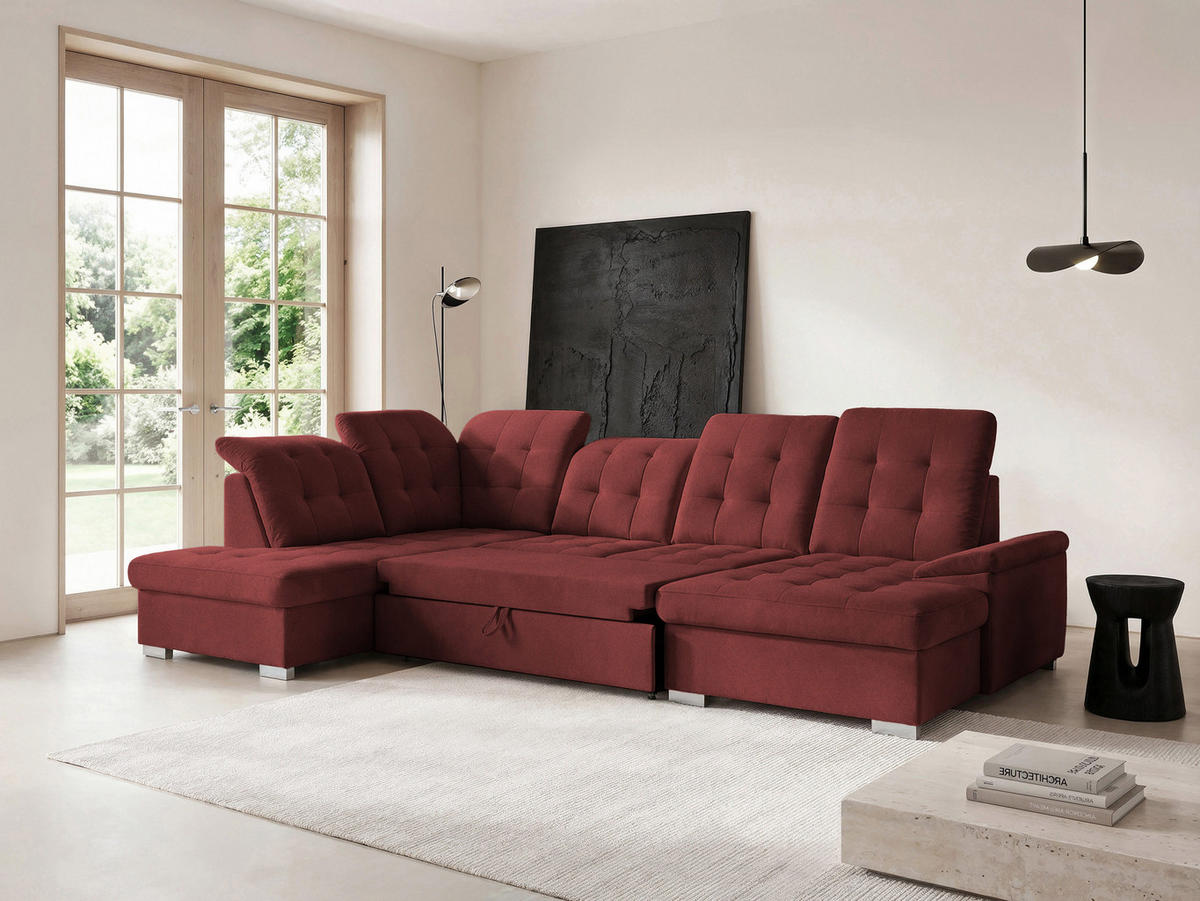 WOHNLANDSCHAFT ANON Ottomane Links, mit Schlaffunktion und Bettkasten, Bordeaux - Rot, Kunststoff/Textil (322/87/220cm) - Idohome