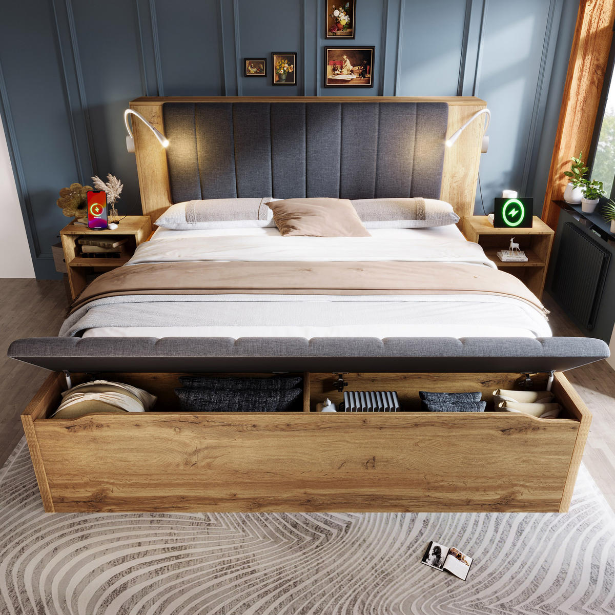 HOLZBETT 160/200 cm DE-00894, in Eiche, Nachttischen und Bettbank - Eichefarben, Holz (160/200cm) - ComfortXL