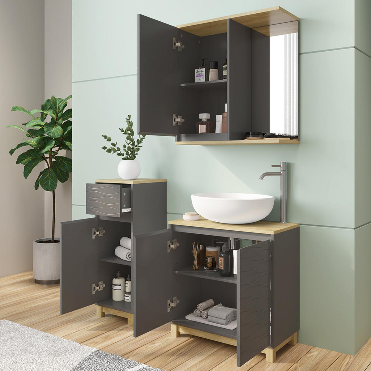 BADMÖBEL-SET Livia Anthrazit/Eiche 3 Teile, mit Midischrank - Eichefarben/Anthrazit, Holzwerkstoff (60/60/30cm) - Vicco