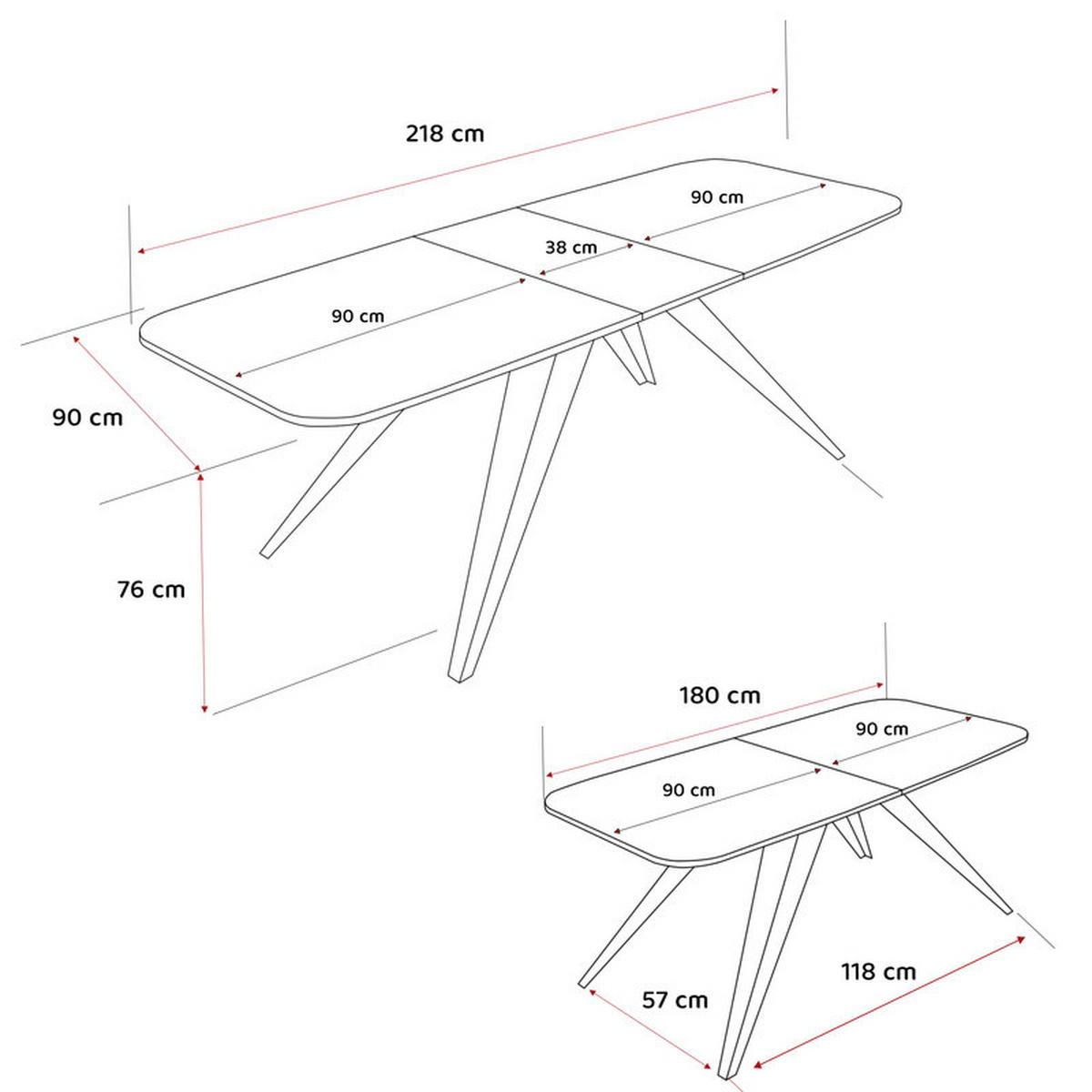 AUSZIEHTISCH FENTO 180/90/76 cm, Schwarz - Schwarz, Holzwerkstoff/Metall (90/180/76cm) - Idohome