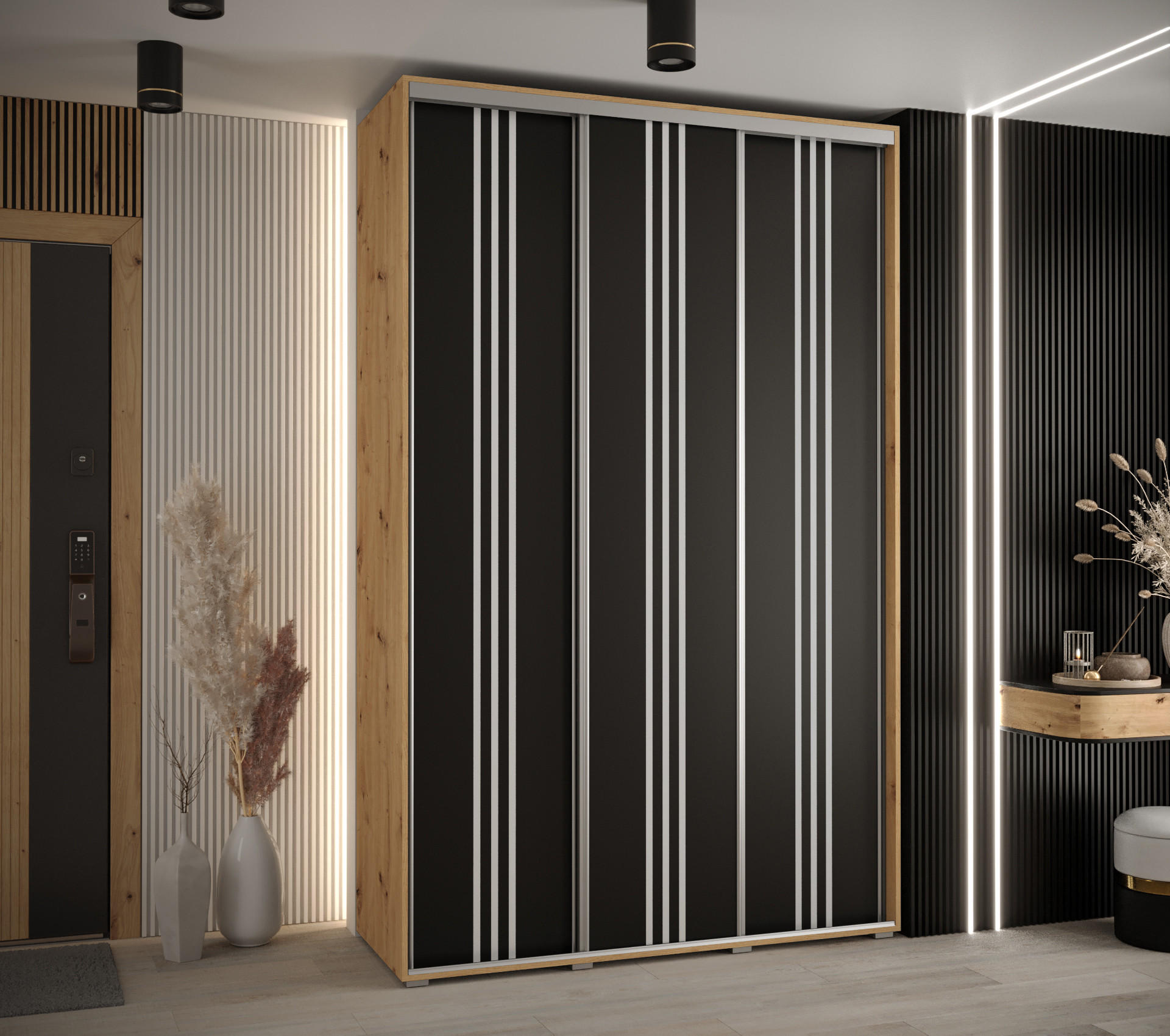 SCHWEBETÜRENSCHRANK 235,2/160/60 3-türig - Silberfarben/Schwarz, Holz/Metall (160/235/60cm) - Abiks Möbel