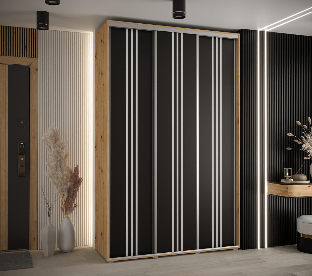 SCHWEBETÜRENSCHRANK 235,2/160/60 3-türig - Silberfarben/Schwarz, Holz/Metall (160/235/60cm) - Abiks Möbel