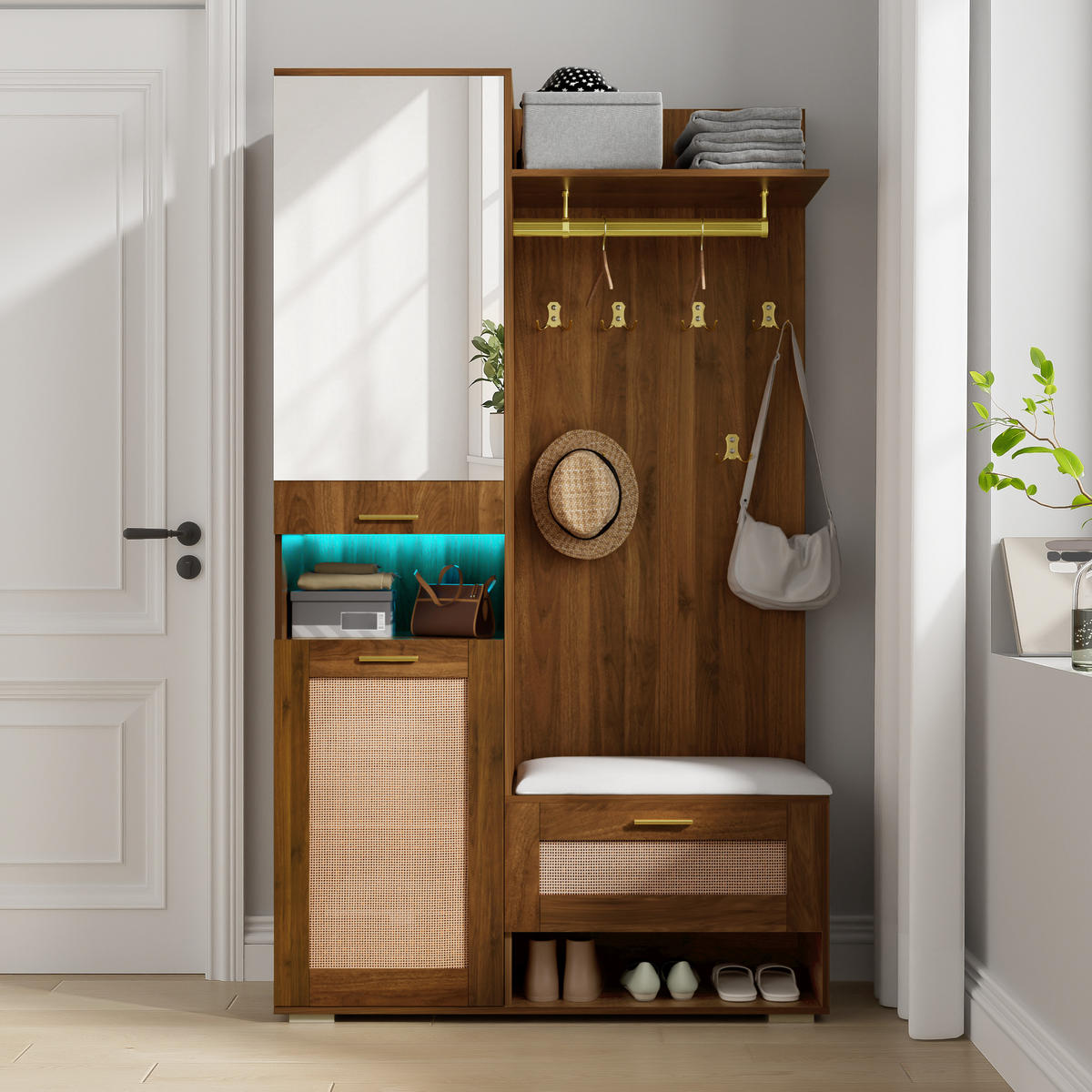 GARDEROBEN-SET in Nussbaumfarben Kleiderschrank-Set mit Schuhschrank, Sitzbank und LED-Beleuchtung , B110/T38/H190cm - Nussbaumfarben, Glas/Holzwerkstoff (110/190/38cm) - STILVORA