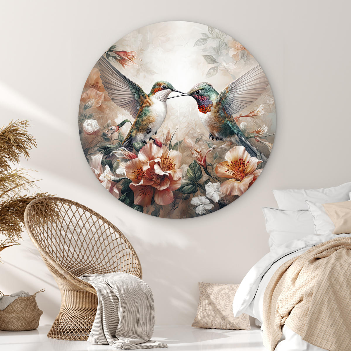 NÁSTĚNNÝ OBRAZ Kolibřík - Ptáci - Květiny - Příroda 140x140 cm - starorůžová, plast (140/140cm) - MuchoWow