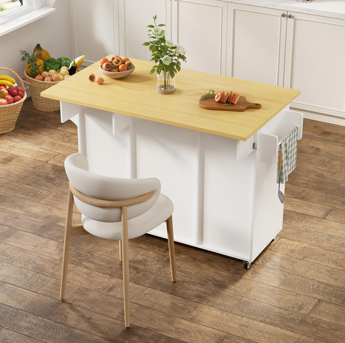 KÜCHENINSEL mit klappbarer Arbeitsplatte 120 x 45/70 x 92 cm Natural White - Naturfarben, Holz (70/92/120cm) - Beauniv