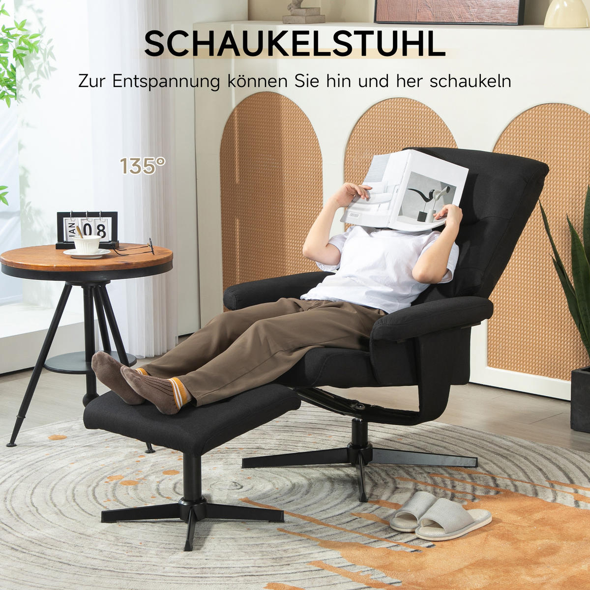 RELAXSESSEL mit Hocker, Gepolstert Fernsehsessel mit Liegefunktion, Schwarz - Schwarz, Textil/Metall (81/102/74cm) - HOMCOM