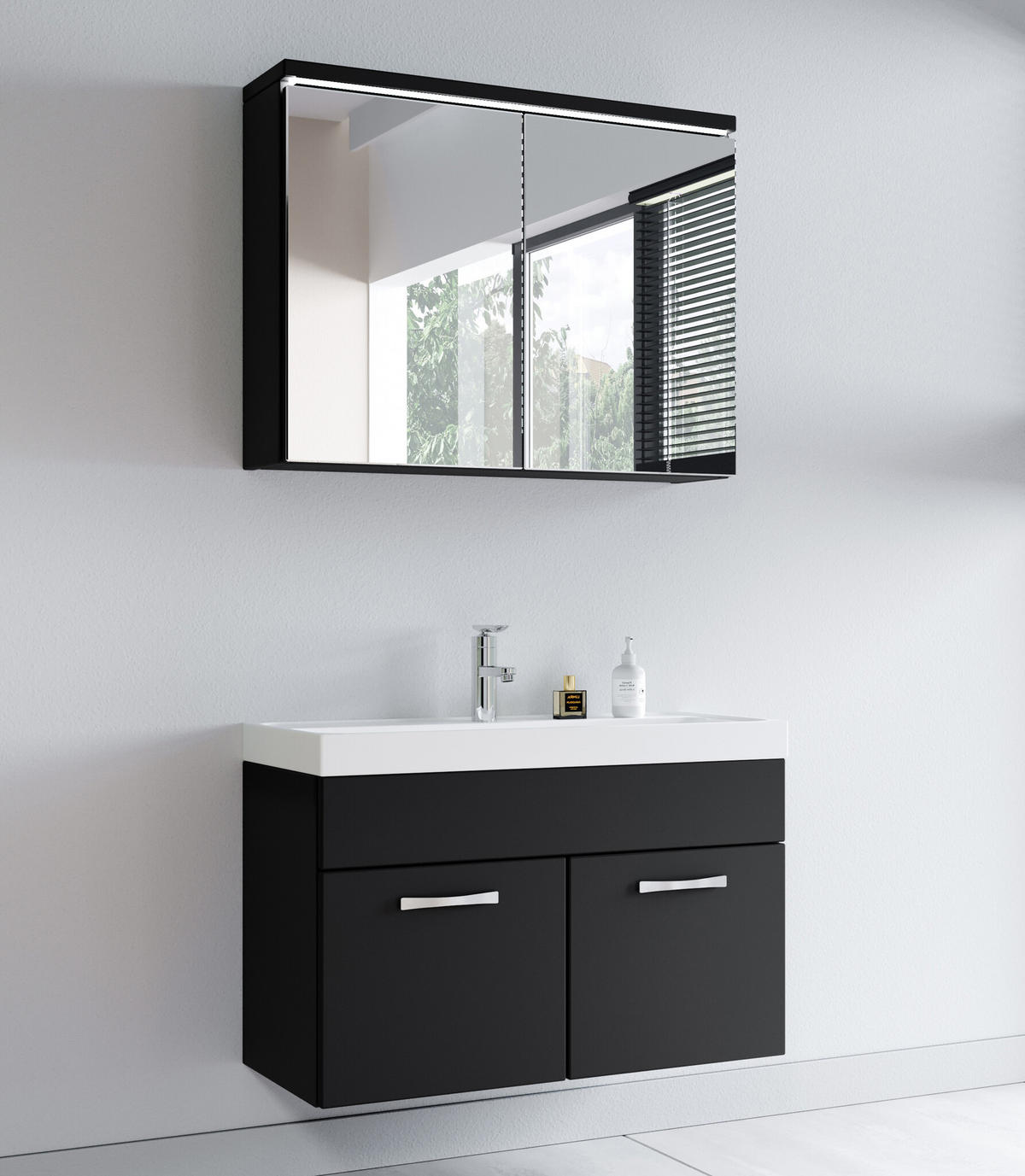 BADMÖBEL-SET Paso 3 Teile Schwarz Matt - 80 x 35 x 55 cm - Schwarz, Holz (80/55/40cm) - Badplaats