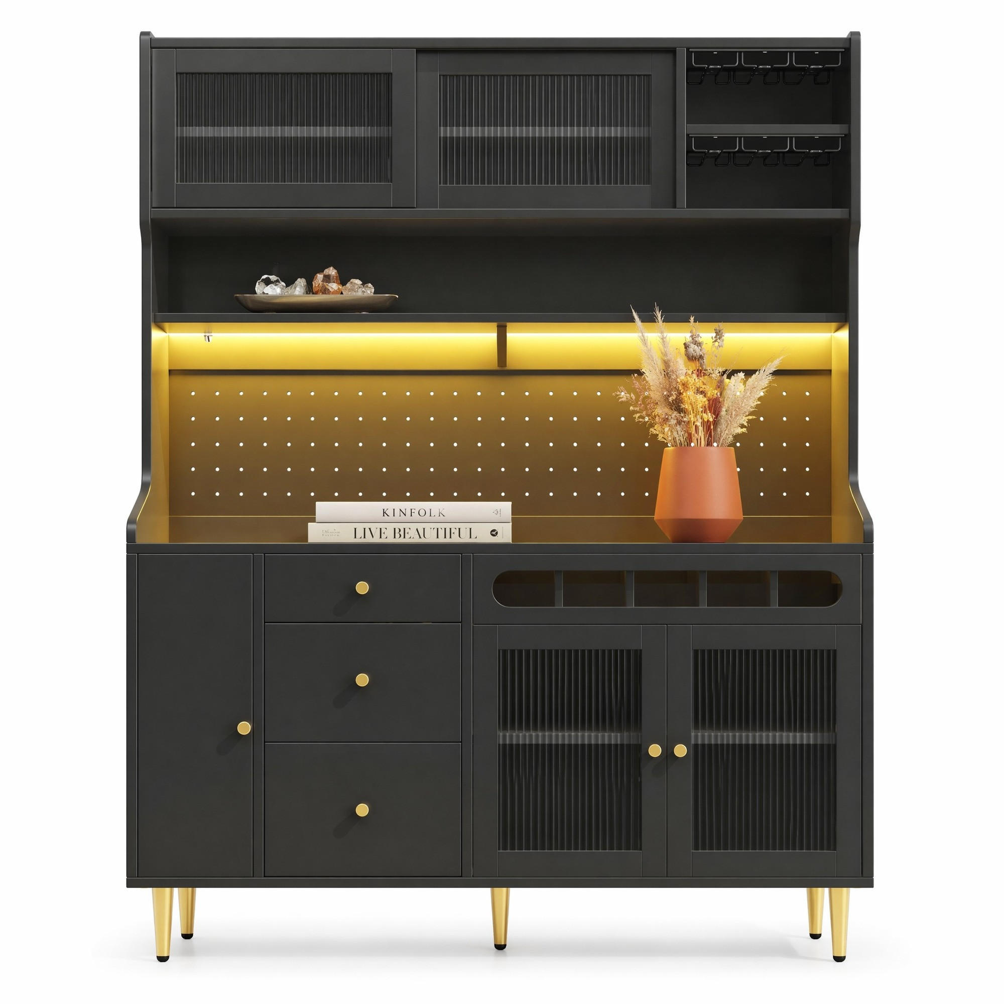 KÜCHENSCHRANK in Schwarz mit LED, verstellbaren Böden, Schublade und Weinregal für Esszimmer,B145/T39/H171cm - Goldfarben/Schwarz, Glas/Holzwerkstoff (145/171/39cm) - STILVORA