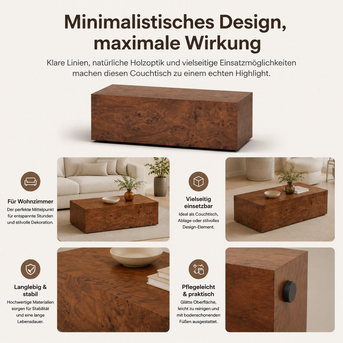 COUCHTISCH DE-37342 mit Holzoptik und stabiler Konstruktion Naturholz - Walnussfarben, Holzwerkstoff (90/50/30cm) - ComfortXL