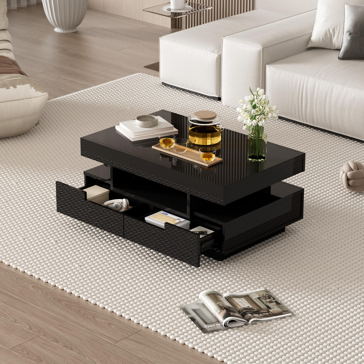 COUCHTISCH Hochglanz 80x50x36 cm Schwarz, LED Schubladen, Offene Fächer, Modern - Schwarz, Holz (50/80/36cm) - PARAFTA HOME