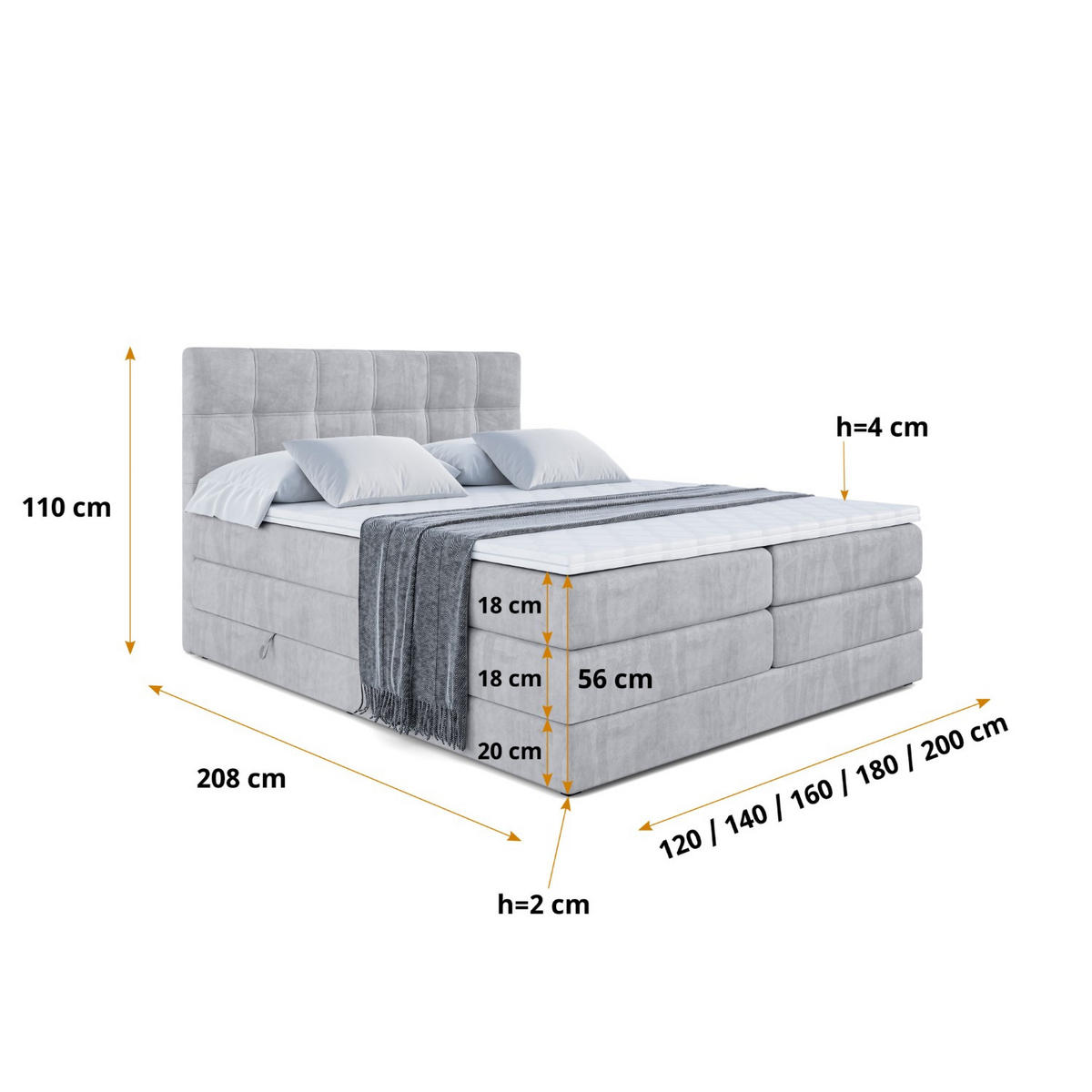 BOXSPRINGBETT MARCE KING - 160x200 - H3/H4 - Hellgrau - Hellgrau, Holzwerkstoff (160/200cm) - ALTDECOR