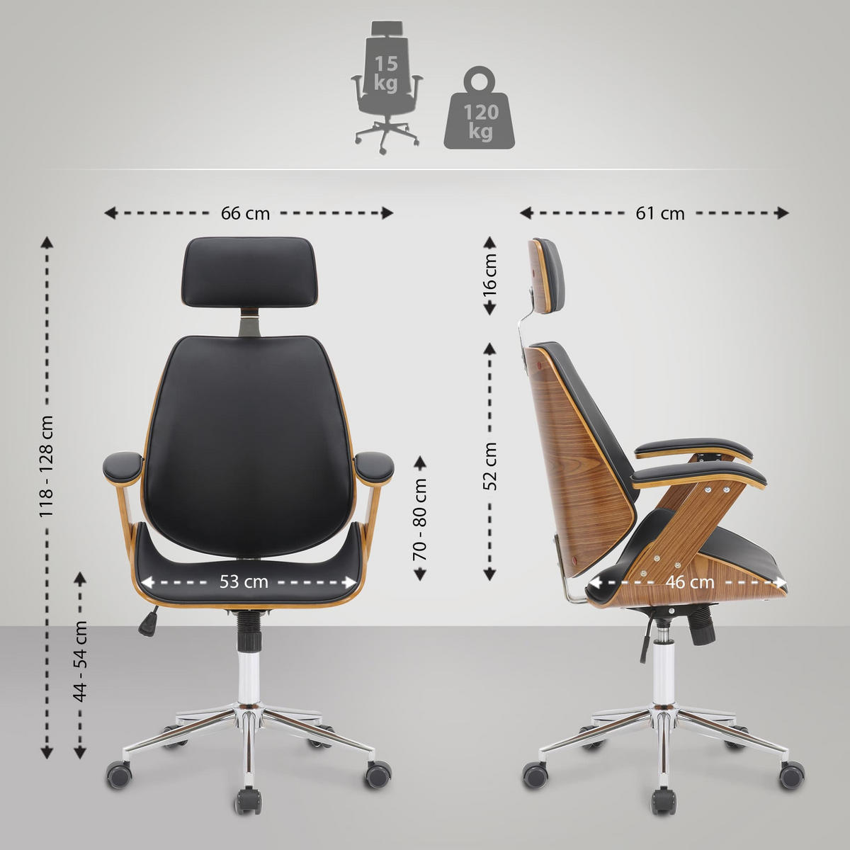 DREHSTUHL Holz Walnuss/Schwarz - Chromfarben/Walnussfarben, Holz/Textil (66/118/61cm) - CLP