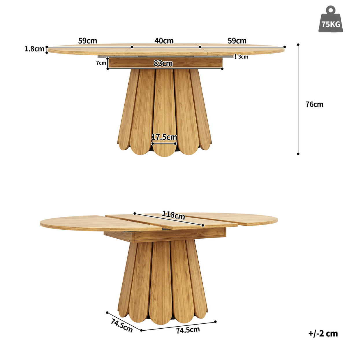 ESSTISCH aus MDF 118(158)x118x76,8 cm Naturfarben ausziehbar mit Holzoptik und runder Tischplatte - Naturfarben, Holzwerkstoff (158/118/76cm) - Modfu