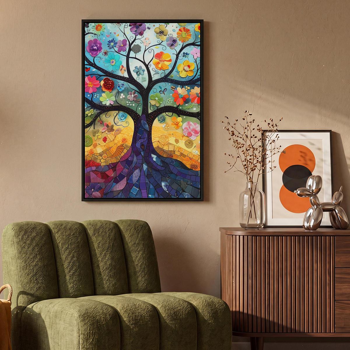 LEINWAND Bilder mit Rahmen - Kunst - Baum des Lebens - Blumen - Hippie - 60x90 - Dunkelblau, Textil (60/90cm) - MuchoWow